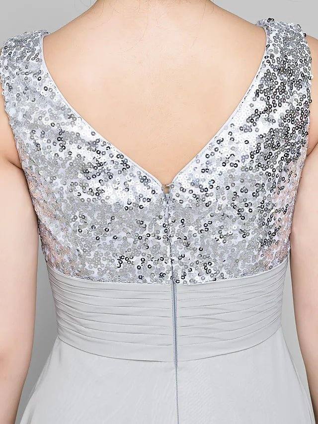 A-Line Mother of the Bride Dress Sparkle & Shine Bateau Neck Ankle Length Chiffon Sleeveless with Sash / Ribbon Sequin - RongMoon