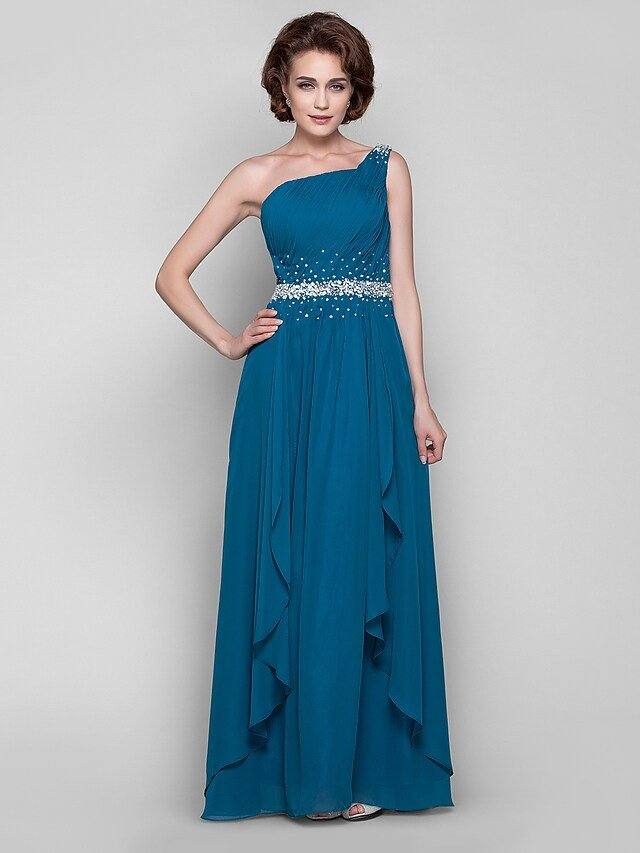 A-Line Mother of the Bride Dress Sparkle & Shine One Shoulder Floor Length Chiffon Sleeveless with Beading Draping Side Draping - RongMoon