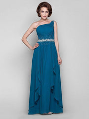 A-Line Mother of the Bride Dress Sparkle & Shine One Shoulder Floor Length Chiffon Sleeveless with Beading Draping Side Draping - RongMoon