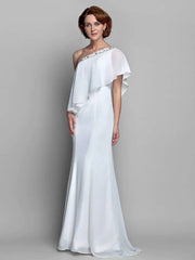 A-Line Mother of the Bride Dress Sparkle & Shine One Shoulder Floor Length Chiffon Sleeveless with Beading Ruffles - RongMoon
