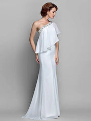 A-Line Mother of the Bride Dress Sparkle & Shine One Shoulder Floor Length Chiffon Sleeveless with Beading Ruffles - RongMoon