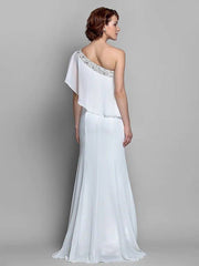 A-Line Mother of the Bride Dress Sparkle & Shine One Shoulder Floor Length Chiffon Sleeveless with Beading Ruffles - RongMoon