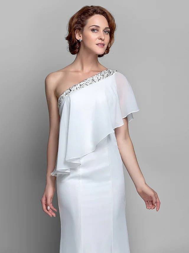 A-Line Mother of the Bride Dress Sparkle & Shine One Shoulder Floor Length Chiffon Sleeveless with Beading Ruffles - RongMoon