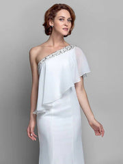 A-Line Mother of the Bride Dress Sparkle & Shine One Shoulder Floor Length Chiffon Sleeveless with Beading Ruffles - RongMoon