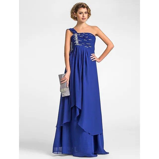 A-Line Mother of the Bride Dress Sparkle & Shine One Shoulder Watteau Train Floor Length Chiffon Sleeveless with Beading Draping Side Draping - RongMoon
