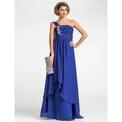 A-Line Mother of the Bride Dress Sparkle & Shine One Shoulder Watteau Train Floor Length Chiffon Sleeveless with Beading Draping Side Draping - RongMoon