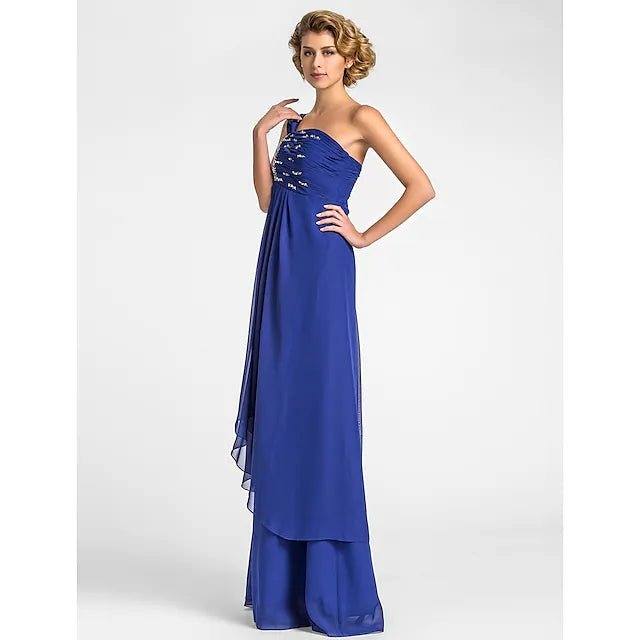 A-Line Mother of the Bride Dress Sparkle & Shine One Shoulder Watteau Train Floor Length Chiffon Sleeveless with Beading Draping Side Draping - RongMoon