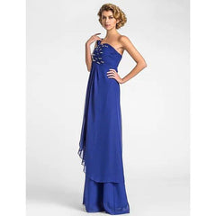A-Line Mother of the Bride Dress Sparkle & Shine One Shoulder Watteau Train Floor Length Chiffon Sleeveless with Beading Draping Side Draping - RongMoon
