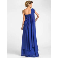 A-Line Mother of the Bride Dress Sparkle & Shine One Shoulder Watteau Train Floor Length Chiffon Sleeveless with Beading Draping Side Draping - RongMoon