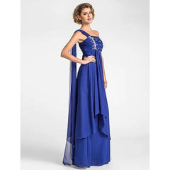 A-Line Mother of the Bride Dress Sparkle & Shine One Shoulder Watteau Train Floor Length Chiffon Sleeveless with Beading Draping Side Draping - RongMoon