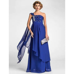 A-Line Mother of the Bride Dress Sparkle & Shine One Shoulder Watteau Train Floor Length Chiffon Sleeveless with Beading Draping Side Draping - RongMoon