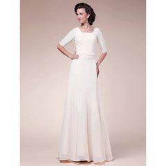 A-Line Mother of the Bride Dress Square Neck Floor Length Chiffon Half Sleeve with Ruched - RongMoon