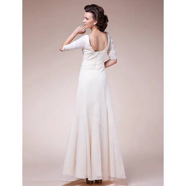 A-Line Mother of the Bride Dress Square Neck Floor Length Chiffon Half Sleeve with Ruched - RongMoon