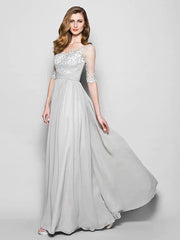A-Line Mother of the Bride Dress V Neck Floor Length Chiffon Tulle Half Sleeve with Ruched Beading Sequin 2022 / Illusion Sleeve - RongMoon