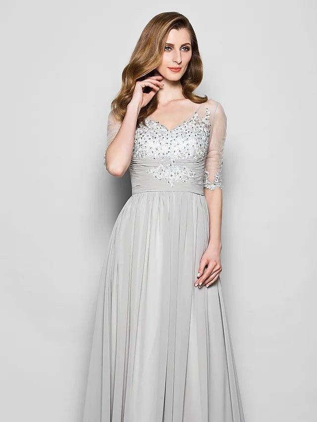 A-Line Mother of the Bride Dress V Neck Floor Length Chiffon Tulle Half Sleeve with Ruched Beading Sequin 2022 / Illusion Sleeve - RongMoon