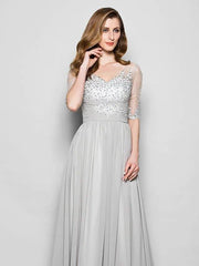 A-Line Mother of the Bride Dress V Neck Floor Length Chiffon Tulle Half Sleeve with Ruched Beading Sequin 2022 / Illusion Sleeve - RongMoon