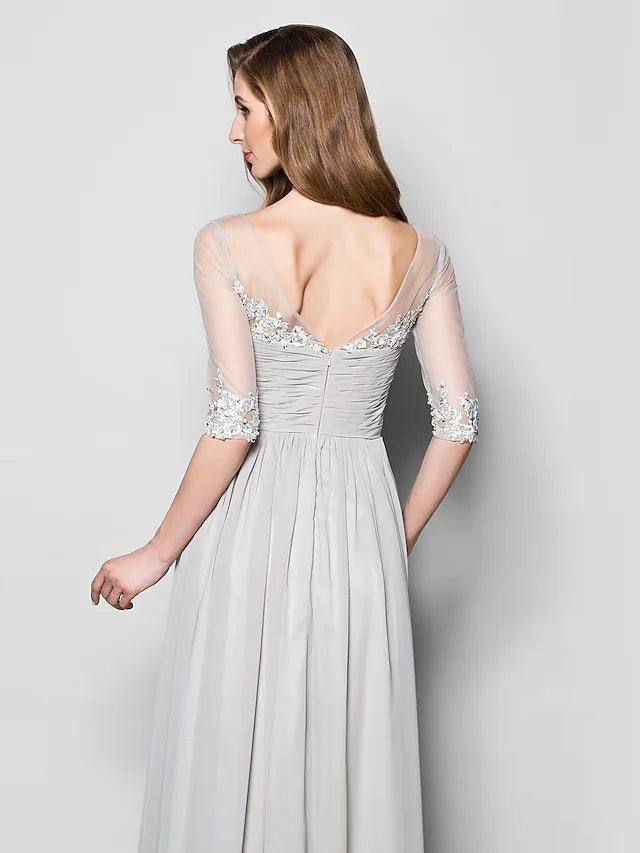 A-Line Mother of the Bride Dress V Neck Floor Length Chiffon Tulle Half Sleeve with Ruched Beading Sequin 2022 / Illusion Sleeve - RongMoon