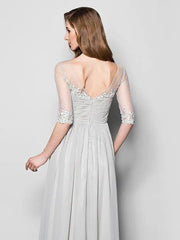 A-Line Mother of the Bride Dress V Neck Floor Length Chiffon Tulle Half Sleeve with Ruched Beading Sequin 2022 / Illusion Sleeve - RongMoon