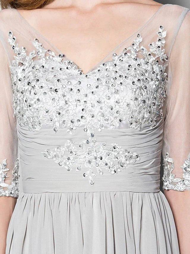 A-Line Mother of the Bride Dress V Neck Floor Length Chiffon Tulle Half Sleeve with Ruched Beading Sequin 2022 / Illusion Sleeve - RongMoon