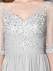 A-Line Mother of the Bride Dress V Neck Floor Length Chiffon Tulle Half Sleeve with Ruched Beading Sequin 2022 / Illusion Sleeve - RongMoon