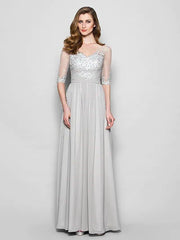 A-Line Mother of the Bride Dress V Neck Floor Length Chiffon Tulle Half Sleeve with Ruched Beading Sequin 2022 / Illusion Sleeve - RongMoon