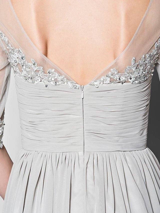 A-Line Mother of the Bride Dress V Neck Floor Length Chiffon Tulle Half Sleeve with Ruched Beading Sequin 2022 / Illusion Sleeve - RongMoon