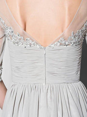 A-Line Mother of the Bride Dress V Neck Floor Length Chiffon Tulle Half Sleeve with Ruched Beading Sequin 2022 / Illusion Sleeve - RongMoon