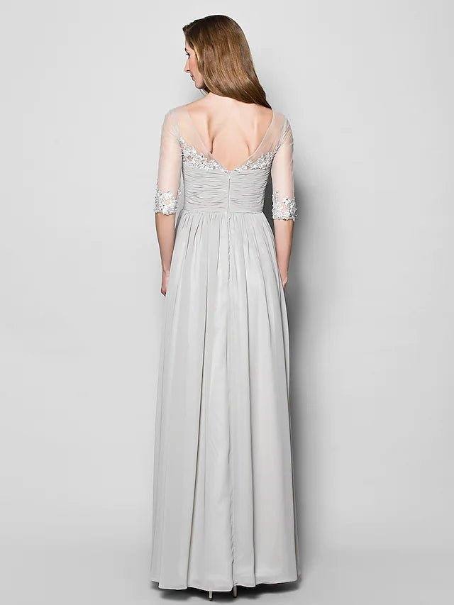 A-Line Mother of the Bride Dress V Neck Floor Length Chiffon Tulle Half Sleeve with Ruched Beading Sequin 2022 / Illusion Sleeve - RongMoon