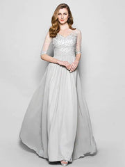 A-Line Mother of the Bride Dress V Neck Floor Length Chiffon Tulle Half Sleeve with Ruched Beading Sequin 2022 / Illusion Sleeve - RongMoon