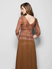A-Line Mother of the Bride Dress V Neck Floor Length Lace Georgette 3/4 Length Sleeve with Lace Beading - RongMoon