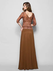 A-Line Mother of the Bride Dress V Neck Floor Length Lace Georgette 3/4 Length Sleeve with Lace Beading - RongMoon