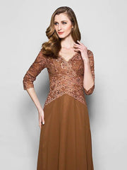 A-Line Mother of the Bride Dress V Neck Floor Length Lace Georgette 3/4 Length Sleeve with Lace Beading - RongMoon