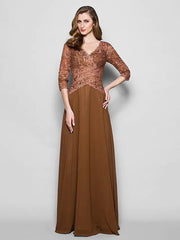 A-Line Mother of the Bride Dress V Neck Floor Length Lace Georgette 3/4 Length Sleeve with Lace Beading - RongMoon