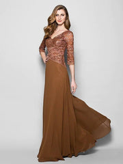 A-Line Mother of the Bride Dress V Neck Floor Length Lace Georgette 3/4 Length Sleeve with Lace Beading - RongMoon