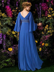 A-Line Mother of the Bride Dress Vintage Inspired V Neck Floor Length Chiffon Long Sleeve with Crystals Beading Side Draping 2022 / Bell Sleeve - RongMoon