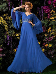 A-Line Mother of the Bride Dress Vintage Inspired V Neck Floor Length Chiffon Long Sleeve with Crystals Beading Side Draping 2022 / Bell Sleeve - RongMoon