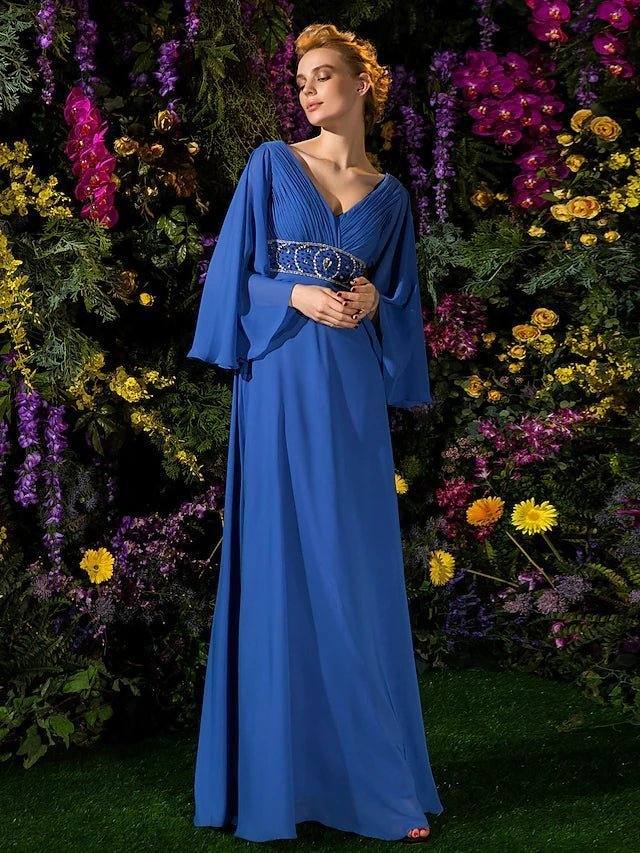 A-Line Mother of the Bride Dress Vintage Inspired V Neck Floor Length Chiffon Long Sleeve with Crystals Beading Side Draping 2022 / Bell Sleeve - RongMoon