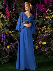 A-Line Mother of the Bride Dress Vintage Inspired V Neck Floor Length Chiffon Long Sleeve with Crystals Beading Side Draping 2022 / Bell Sleeve - RongMoon