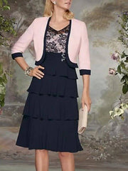 A-Line Mother of the Bride Dress Wrap Included V Neck Knee Length Lace Jersey 3/4 Length Sleeve with Tier Ruching - RongMoon