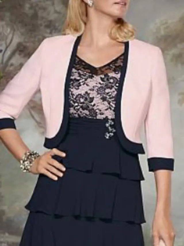 A-Line Mother of the Bride Dress Wrap Included V Neck Knee Length Lace Jersey 3/4 Length Sleeve with Tier Ruching - RongMoon