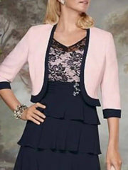 A-Line Mother of the Bride Dress Wrap Included V Neck Knee Length Lace Jersey 3/4 Length Sleeve with Tier Ruching - RongMoon
