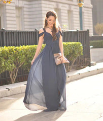 A Line Off Shoulder Navy Blue Long Prom Dresses, Navy Blue Bridesmaid Dresses - RongMoon