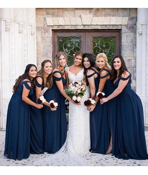 A Line Off Shoulder Navy Blue Long Prom Dresses, Navy Blue Bridesmaid Dresses - RongMoon