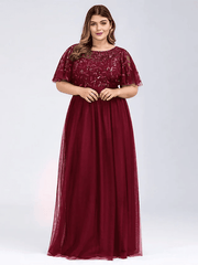 A-Line Plus Size Prom Formal Evening Dress Jewelry Short Sleeve Floor-Length Chiffon Lace With Appliques - RongMoon