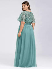 A-Line Plus Size Prom Formal Evening Dress Jewelry Short Sleeve Floor-Length Chiffon Lace With Appliques - RongMoon