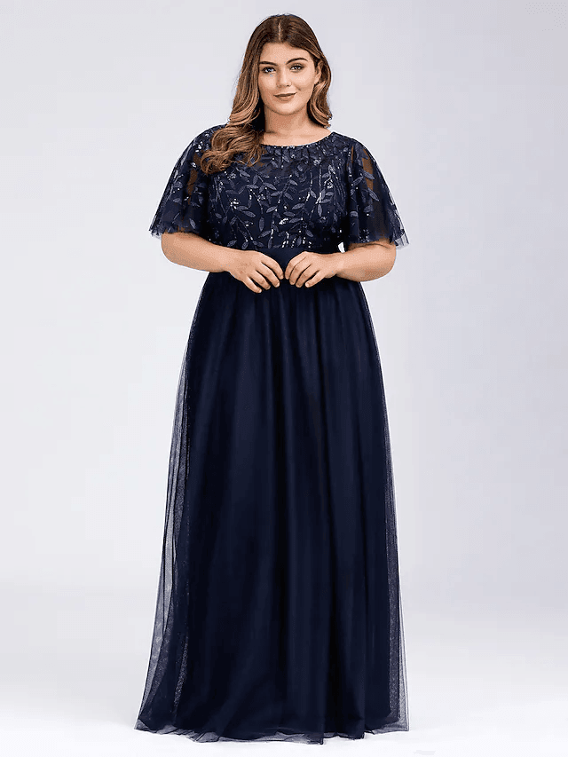 A-Line Plus Size Prom Formal Evening Dress Jewelry Short Sleeve Floor-Length Chiffon Lace With Appliques - RongMoon