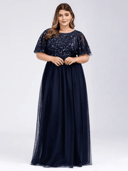 A-Line Plus Size Prom Formal Evening Dress Jewelry Short Sleeve Floor-Length Chiffon Lace With Appliques - RongMoon
