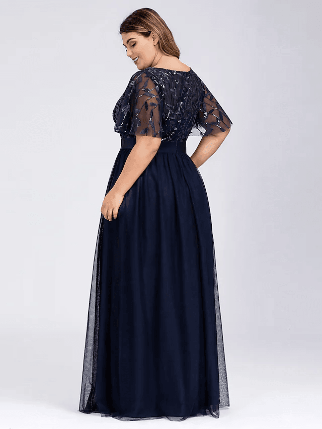 A-Line Plus Size Prom Formal Evening Dress Jewelry Short Sleeve Floor-Length Chiffon Lace With Appliques - RongMoon
