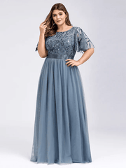 A-Line Plus Size Prom Formal Evening Dress Jewelry Short Sleeve Floor-Length Chiffon Lace With Appliques - RongMoon