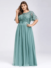 A-Line Plus Size Prom Formal Evening Dress Jewelry Short Sleeve Floor-Length Chiffon Lace With Appliques - RongMoon